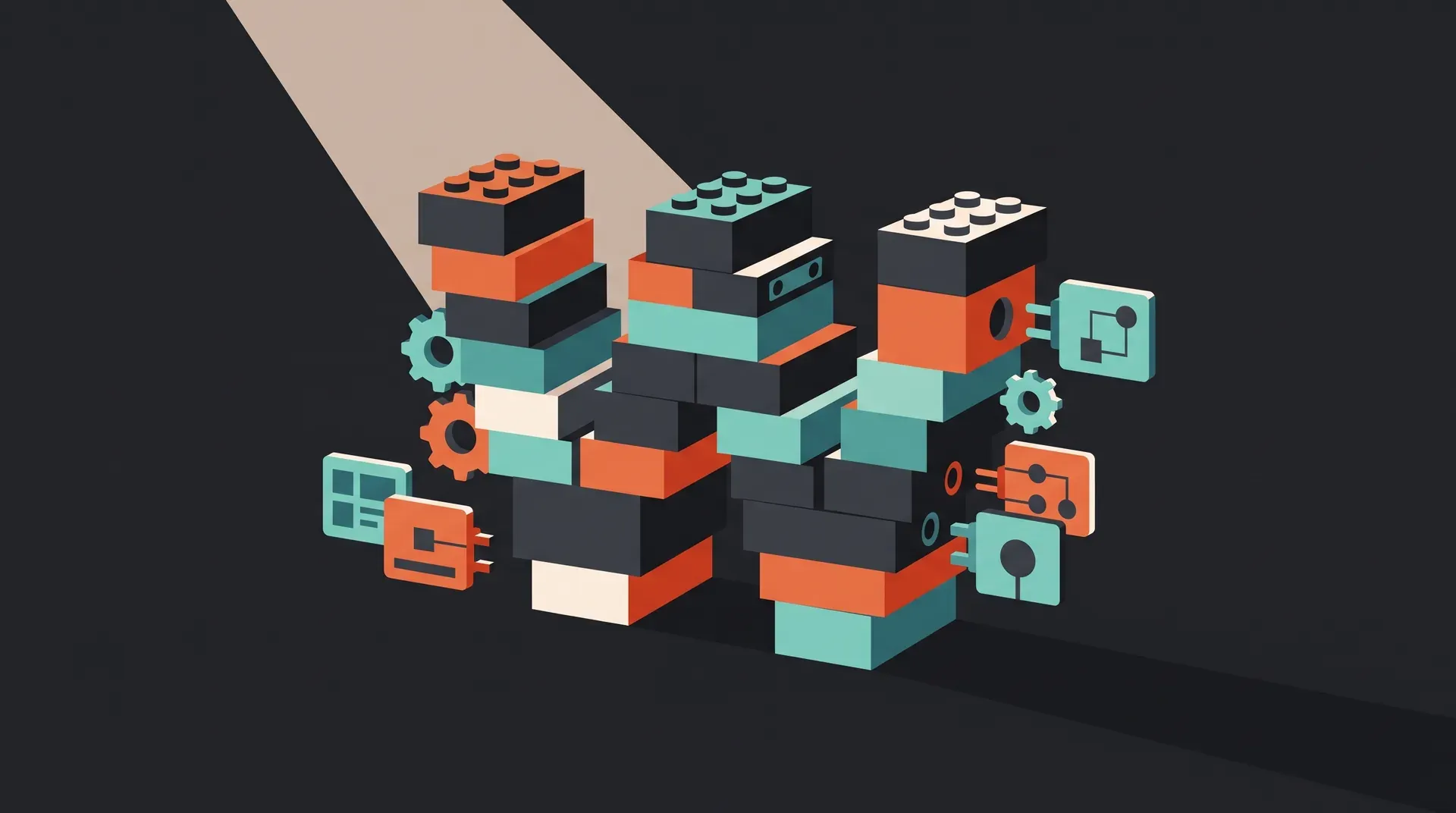 Illustration à plat de blocs de construction empilés reliés à des modules et des rouages géométriques