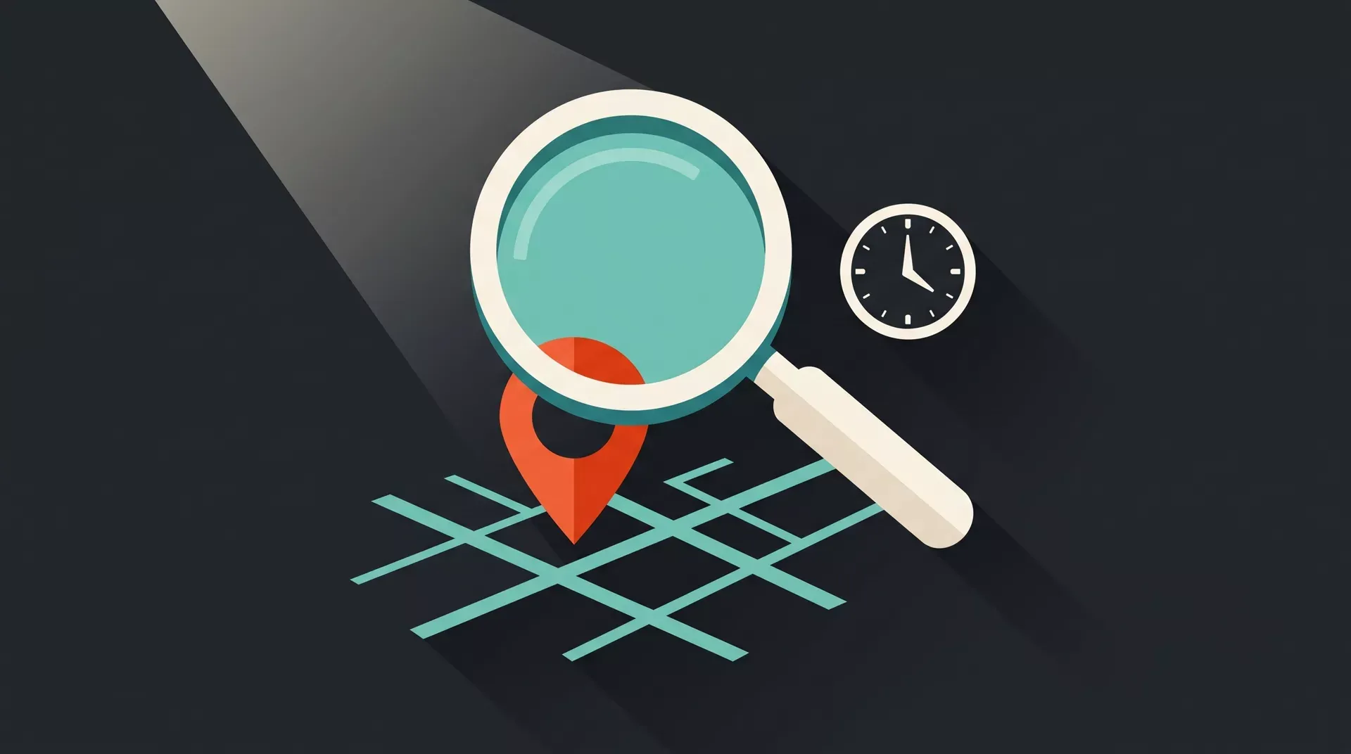 Illustration à plat d'une loupe examinant un repère de carte posé sur une grille de rues, avec une petite horloge à côté, dans les tons charbon, turquoise et orange