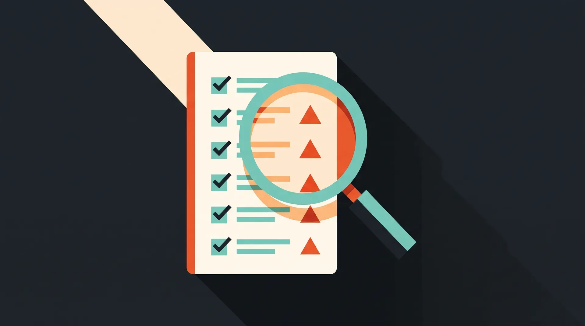 Illustration à plat d'une loupe qui inspecte une liste à cocher où quelques triangles d'alerte se détachent parmi des lignes validées