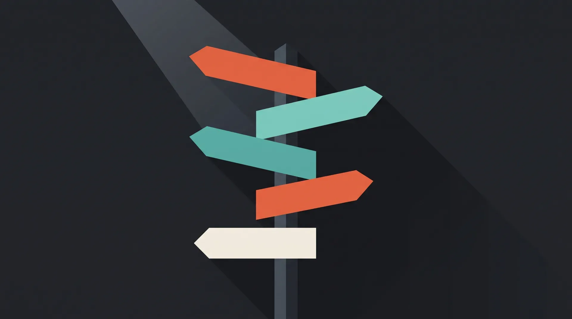 Illustration à plat d'un poteau indicateur à cinq flèches pointant dans des directions différentes, sur fond charbon avec une ombre diagonale