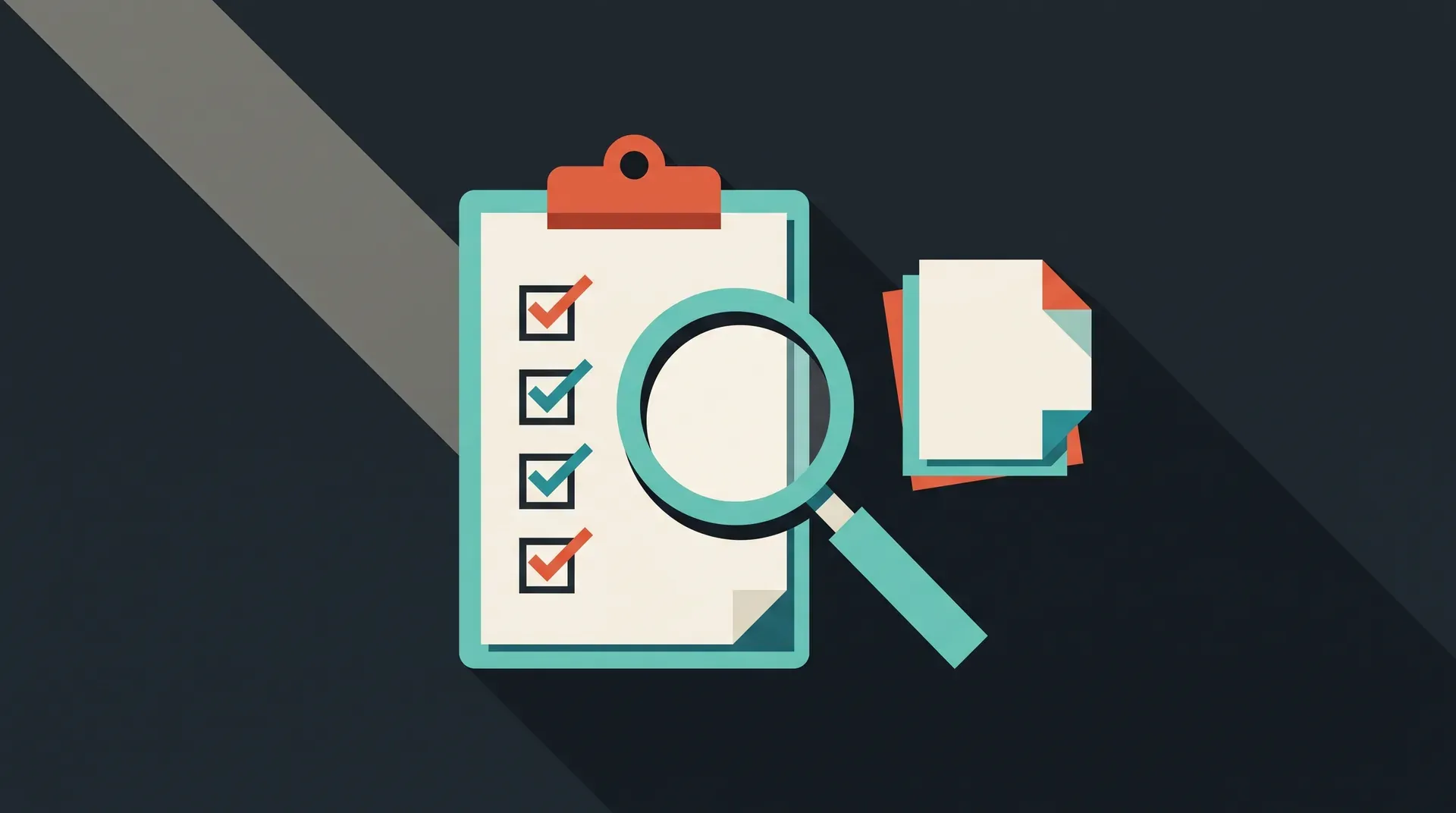 Illustration à plat d'un porte-bloc tenant une checklist cochée avec une loupe posée dessus, à côté d'une pile de devis pliés