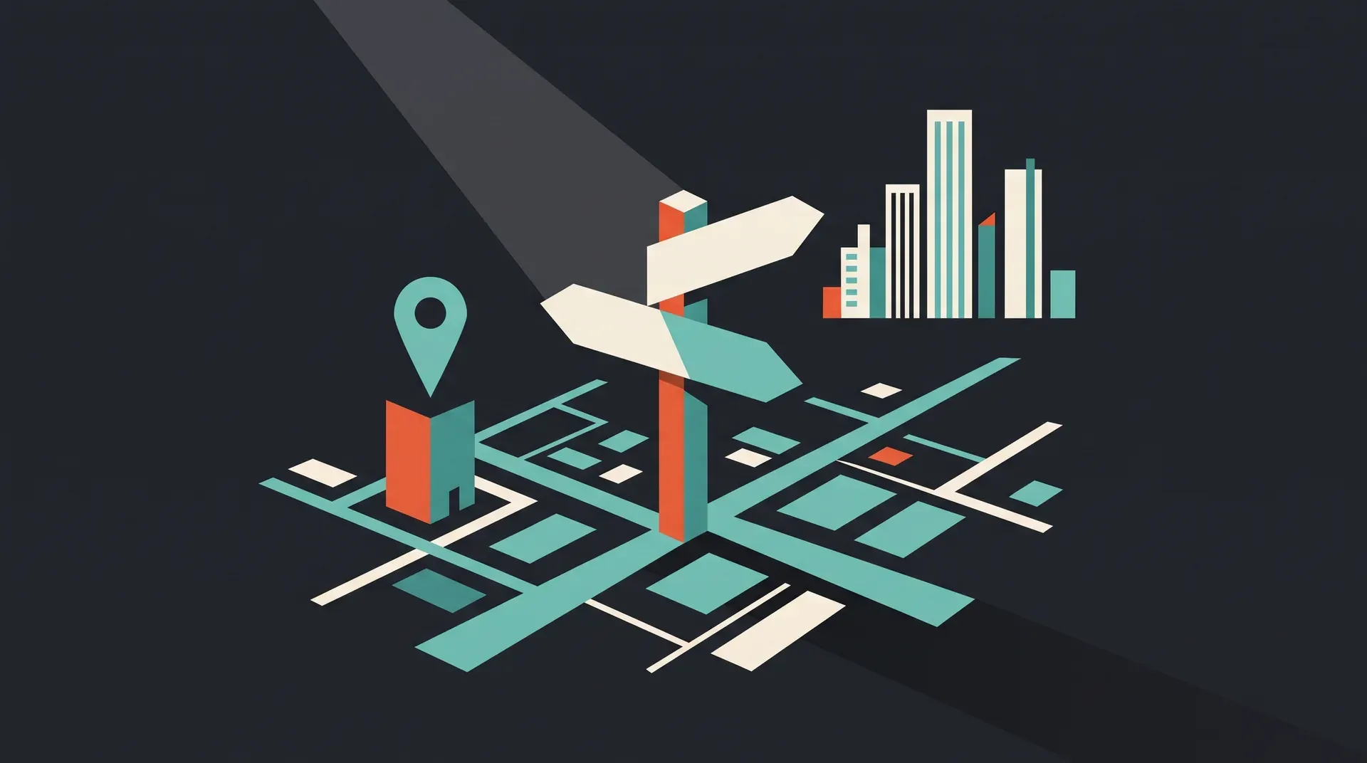 Illustration à plat d'un panneau à deux directions sur un plan de ville, une flèche vers un repère de proximité, l'autre vers une skyline lointaine, dans les tons charbon, orange et turquoise