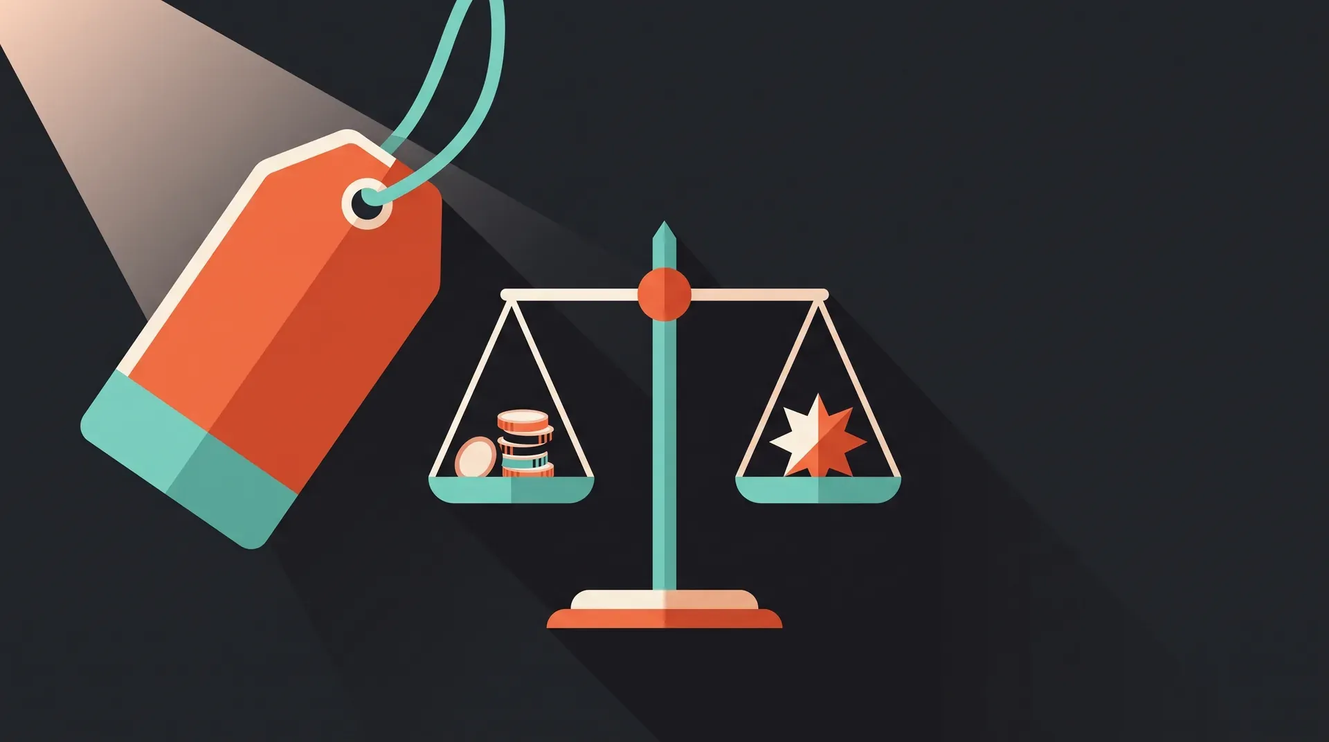 Illustration à plat d'une étiquette de prix géométrique suspendue à côté d'une balance dont un plateau porte des pièces et l'autre une étoile abstraite figurant la valeur