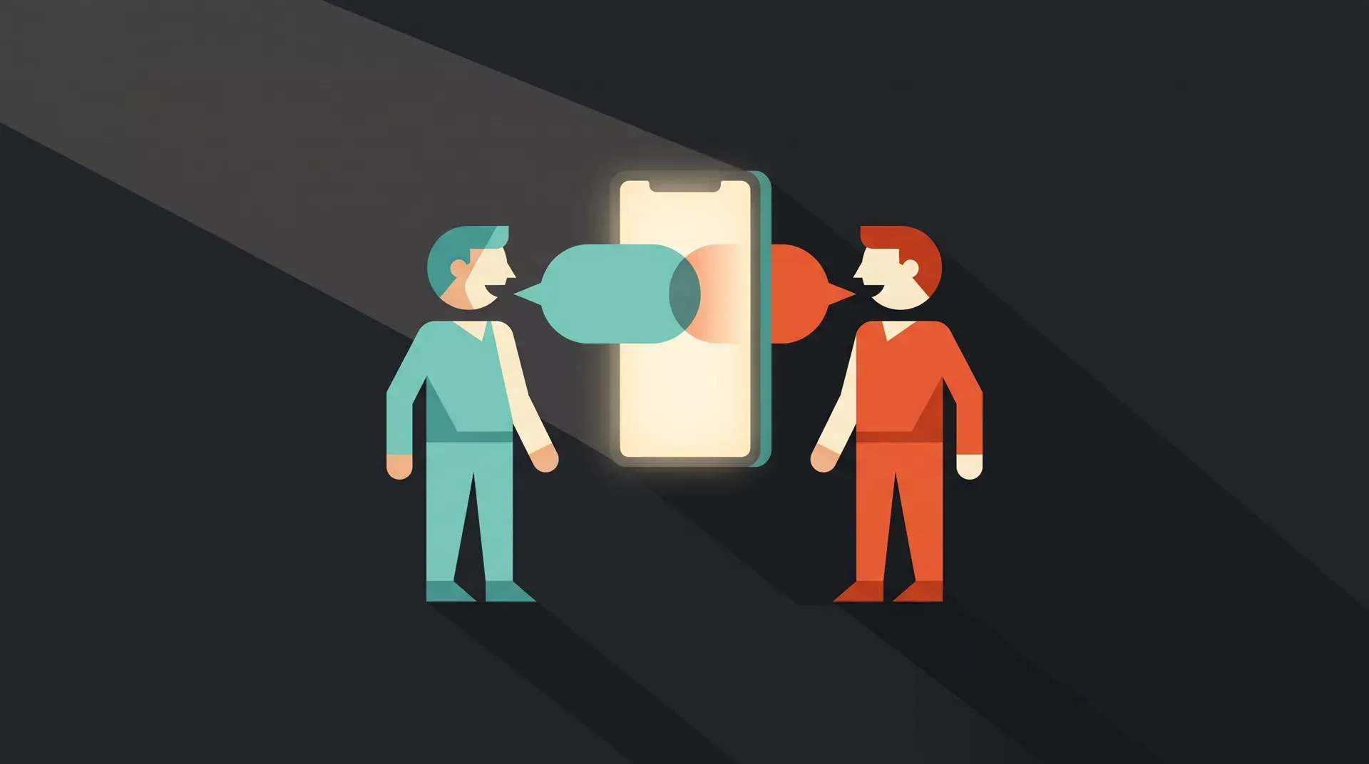 Deux personnages géométriques se parlent de part et d'autre d'un smartphone lumineux, leurs bulles de dialogue turquoise et orange se rejoignant sur l'écran