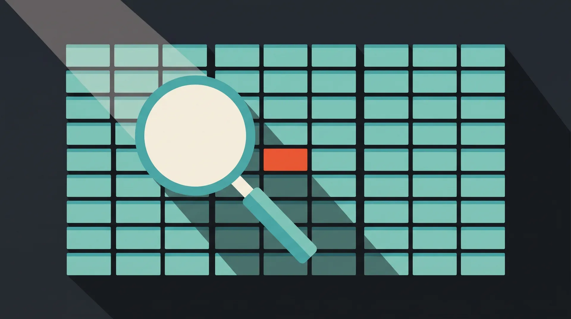 Illustration à plat d'une loupe géométrique posée sur une grille de pages dont une seule est mise en couleur
