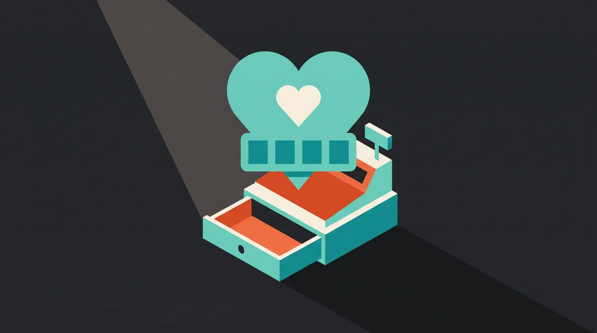 Illustration à plat d'un cœur de mention j'aime au-dessus d'une caisse enregistreuse au tiroir vide, dans les tons charbon, orange et turquoise