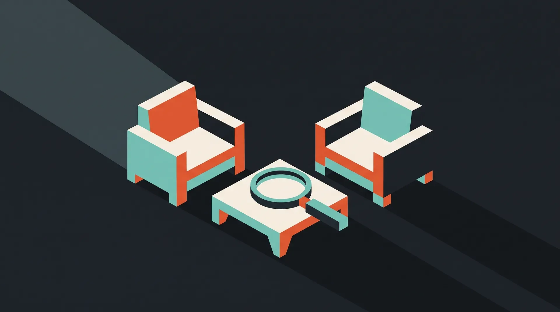 Illustration à plat de deux fauteuils géométriques face à face séparés par une loupe posée sur une table basse