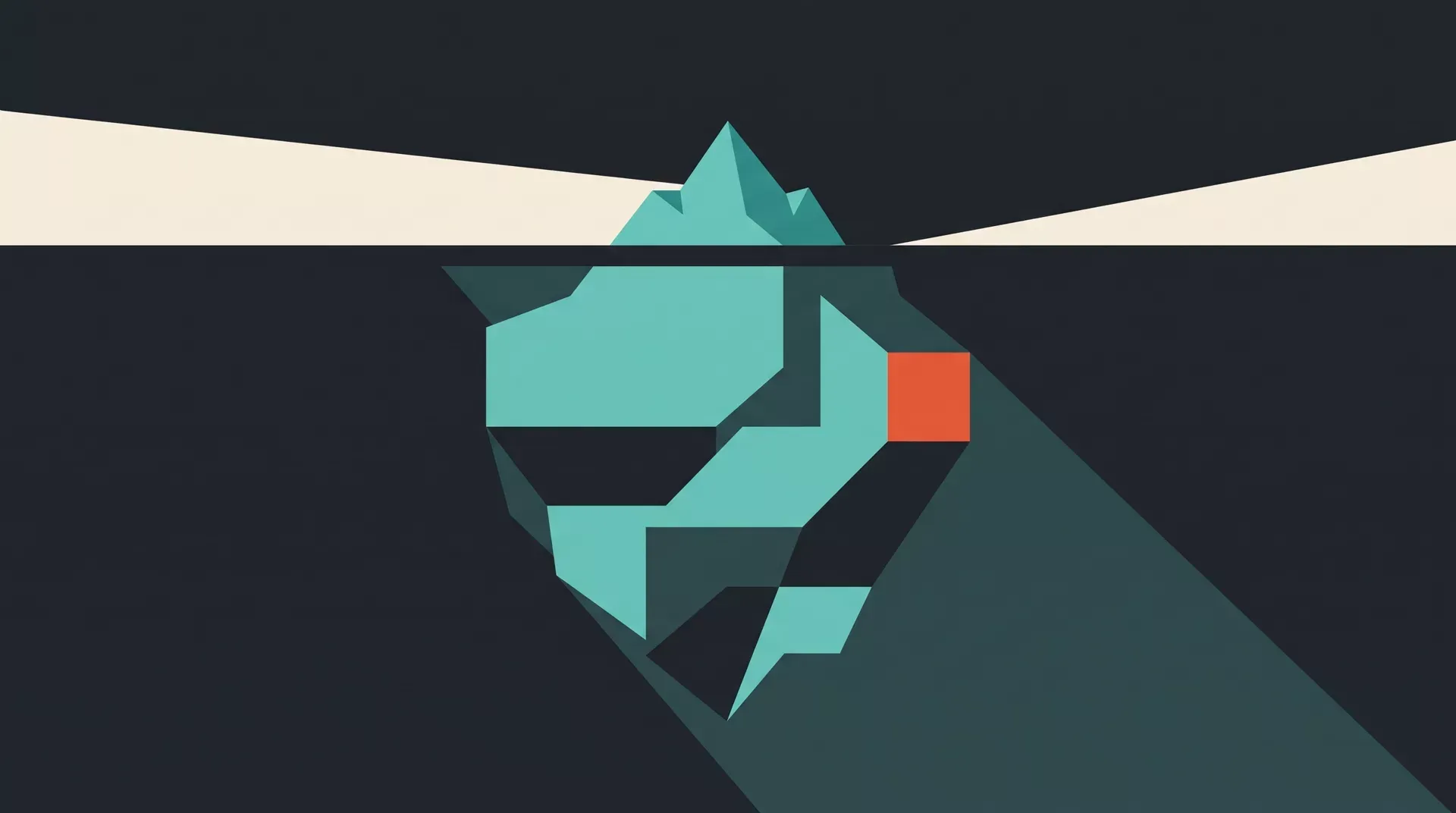 Illustration à plat d'un iceberg dont une petite pointe émerge au-dessus de la ligne d'eau et une masse géométrique bien plus grande reste immergée, dans les tons charbon, turquoise et orange