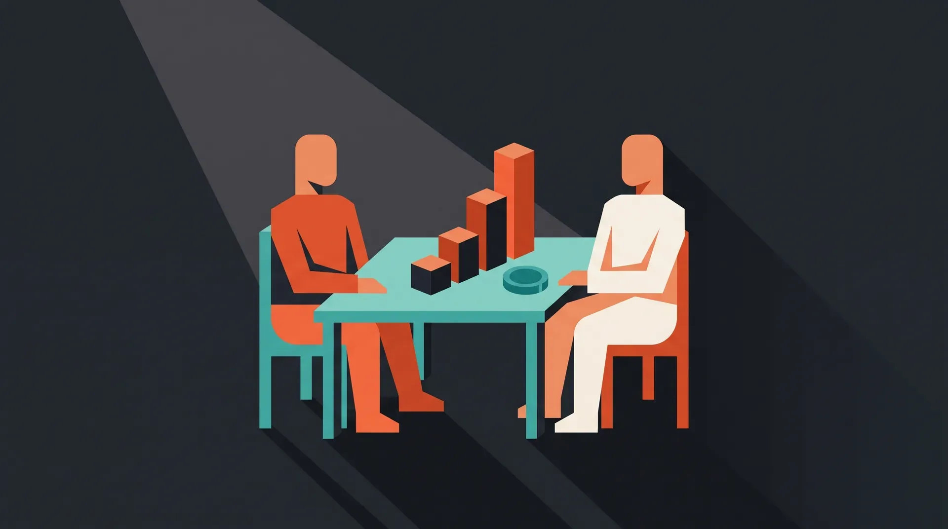 Illustration à plat de deux silhouettes assises de part et d'autre d'une table portant un graphique ascendant et une pièce de monnaie