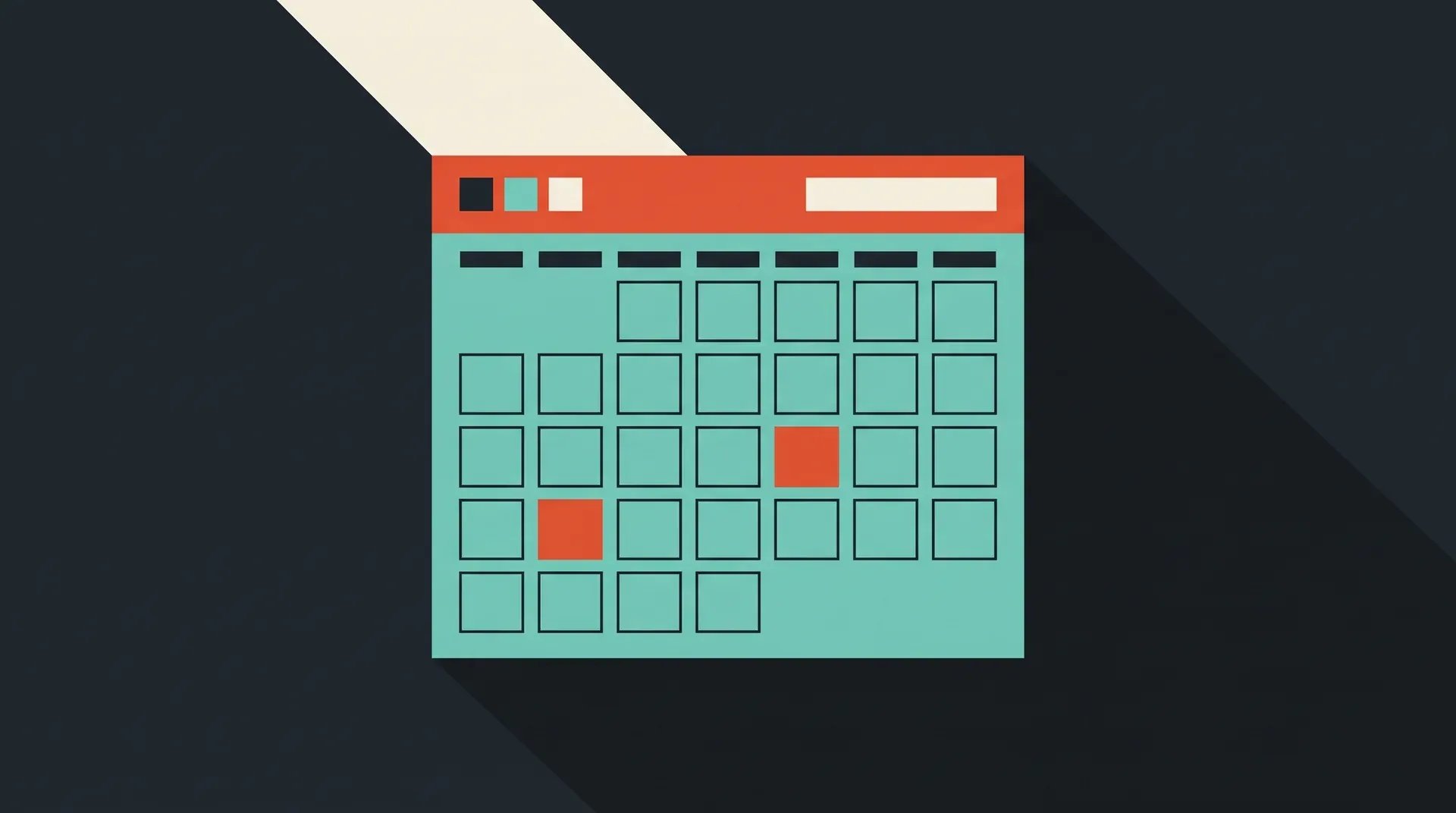 Illustration à plat d'un calendrier dont la plupart des cases sont vides et deux cases mises en avant, dans les tons charbon, orange et turquoise