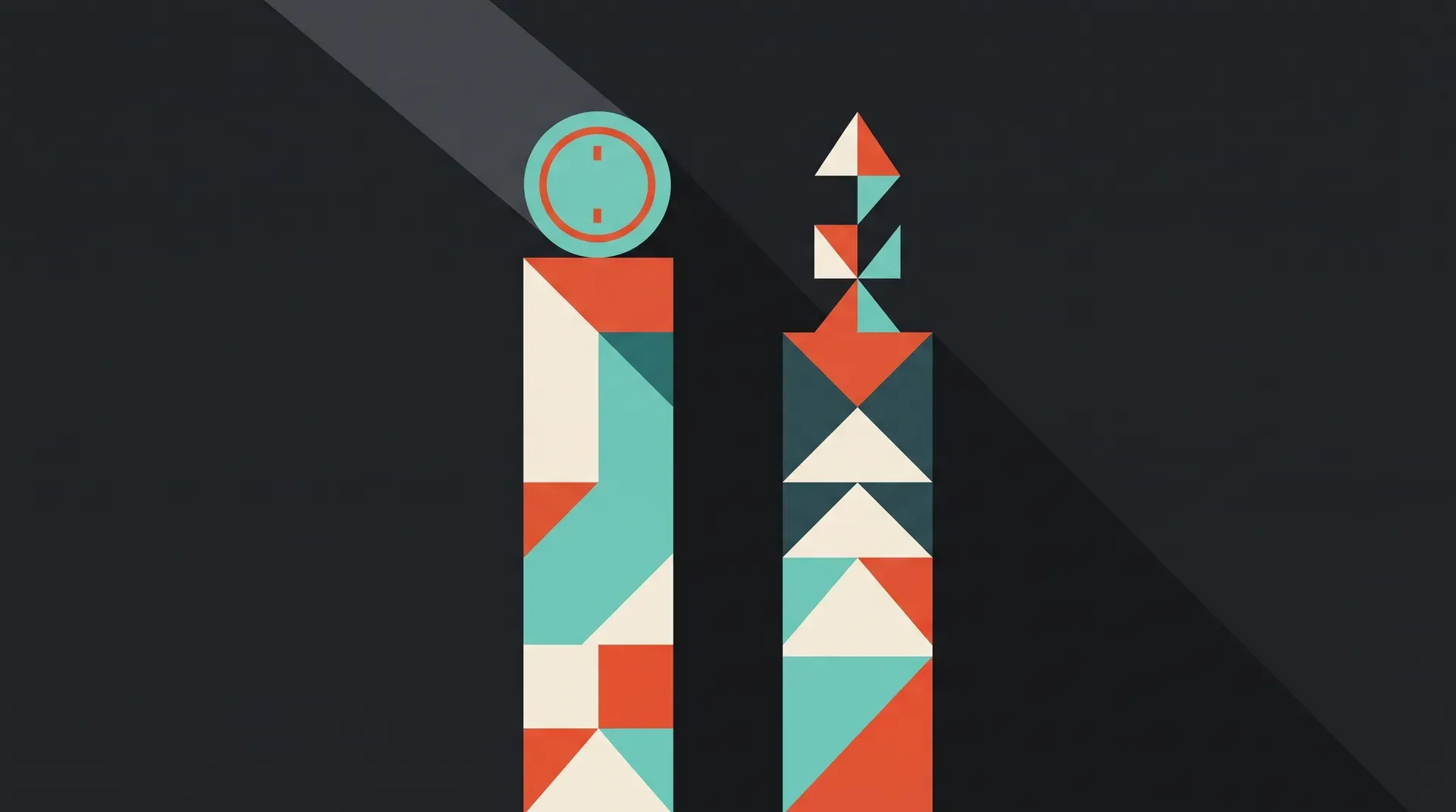 Illustration à plat de deux colonnes géométriques séparées, l'une surmontée d'une pièce ronde, l'autre d'une flèche montante formée de triangles, sur fond anthracite