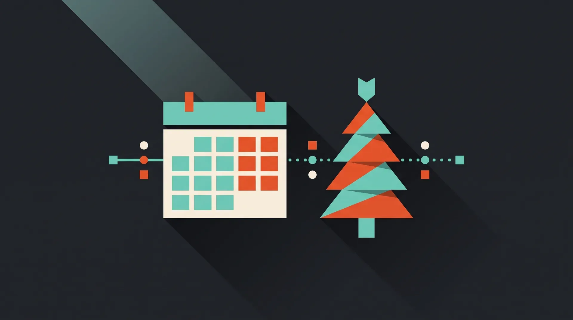 Illustration à plat d'un calendrier et d'un sapin stylisé reliés par une ligne de jalons, dans les tons charbon, orange et turquoise