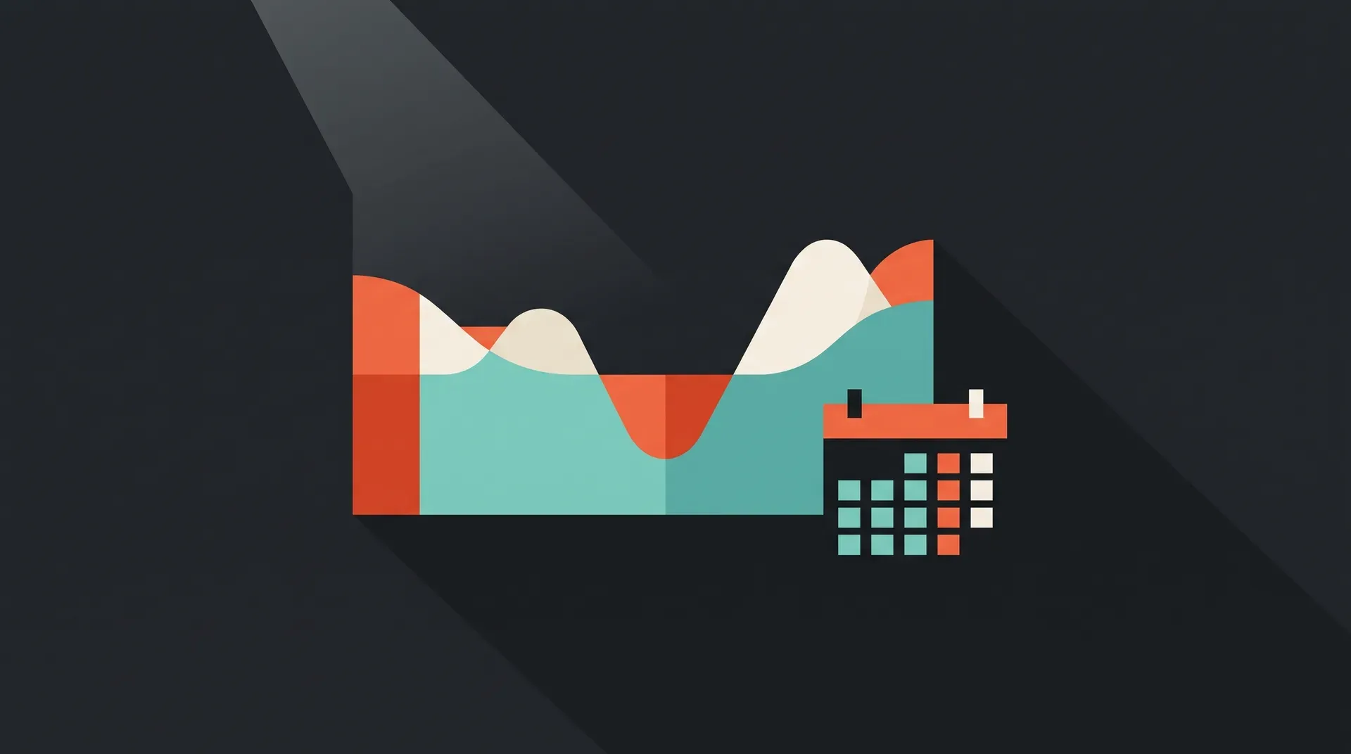 Illustration à plat d'une courbe d'activité en forme de collines avec un creux marqué, posée à côté d'un petit calendrier, dans les tons charbon, orange et turquoise