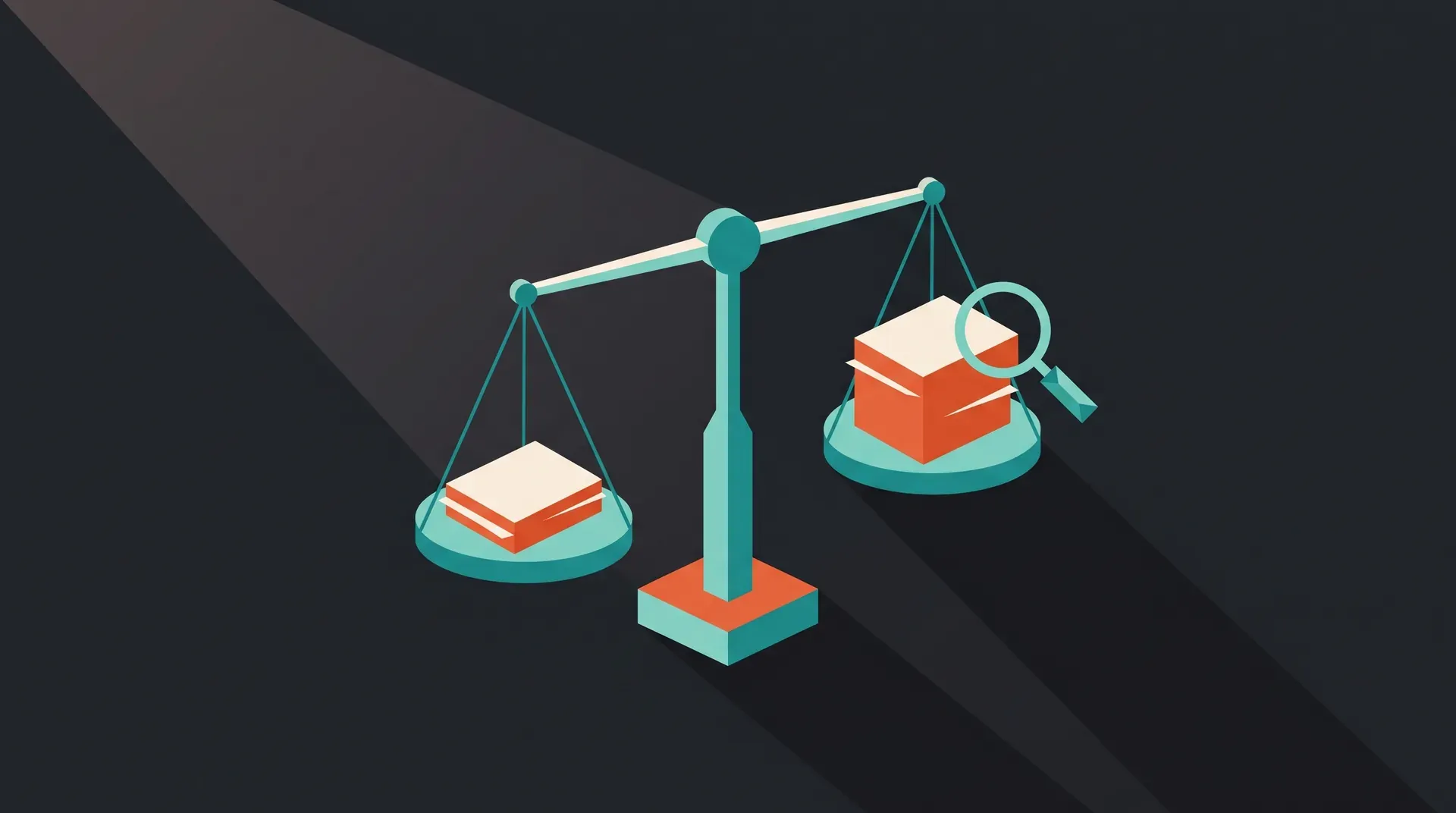 Illustration à plat d'une balance à deux plateaux comparant deux piles de documents de hauteurs différentes, avec une loupe près de la plus haute